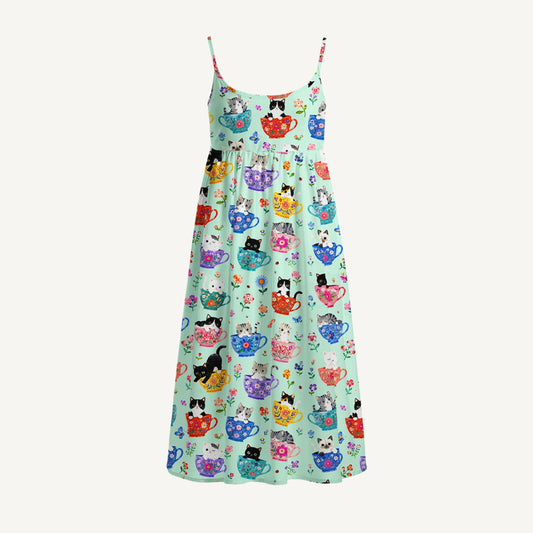 Cute Teacup Kitten Print Spaghetti Strap Mini Dress
