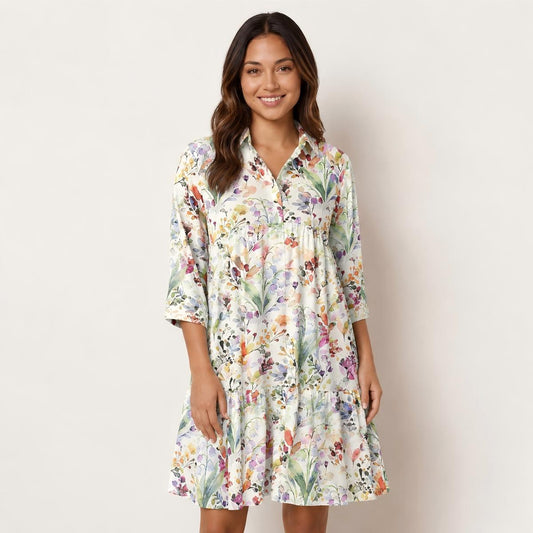 V Neck Collared Watercolor Wildflower Garden Print Mini Dress For Women With Pockets