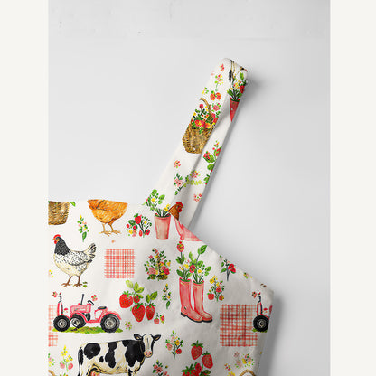 Watercolor Pink Farm Chicken Cow Print Cotton Wide Straps Maxi Dress With Pockets
