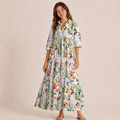 V Neck Collared Watercolor Wildflower Garden Print Casual Midi Dress With Pockets