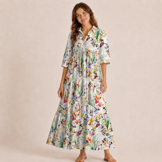 V Neck Collared Watercolor Wildflower Garden Print Casual Midi Dress With Pockets