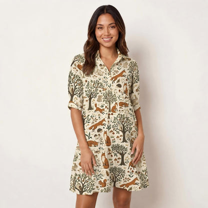 V Neck Collared Woodland Creatures Print Mini Dress For Women With Pockets
