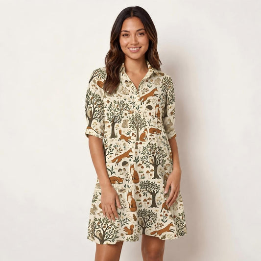 V Neck Collared Woodland Creatures Print Mini Dress For Women With Pockets