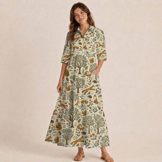 V Neck Collared Woodland Creatures Print Casual Midi Dress With Pockets