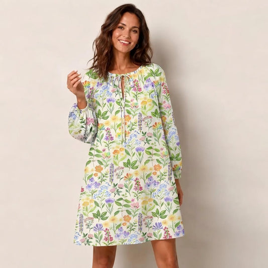 Colorful Wildflower Meadow Print Boho Long Sleeve Tie‑Neck Smock Mini Dress