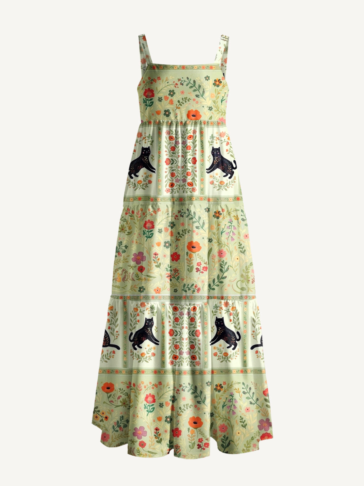 Cream Garden Black Cat Print Wide Straps Maxi Dress With Pockets