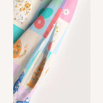 Pastel Patchwork Kitty Print Wide Straps Maxi Dress With Pockets