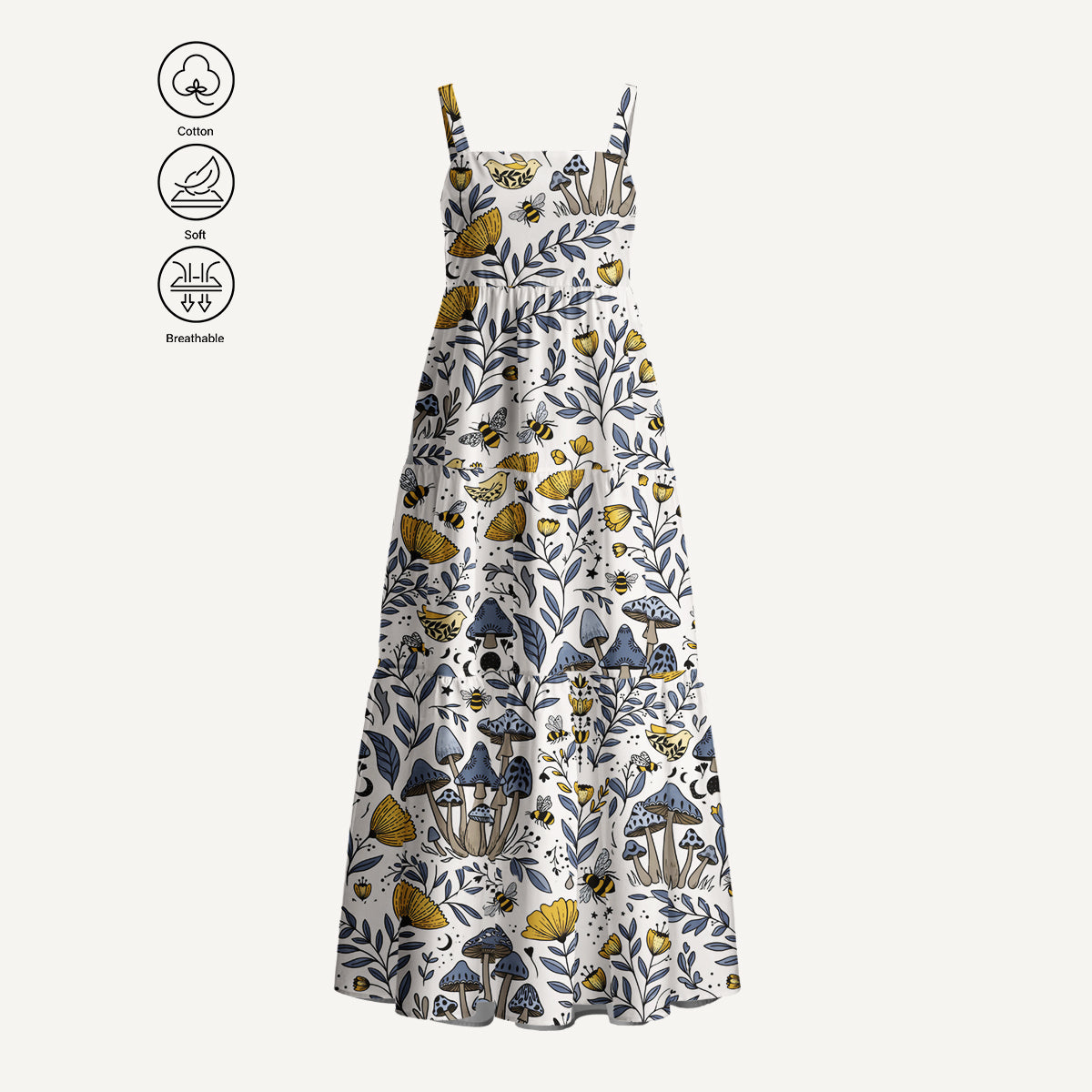 Bee Whisper Forest Print Cotton Wide Straps Maxi Dress With Pockets