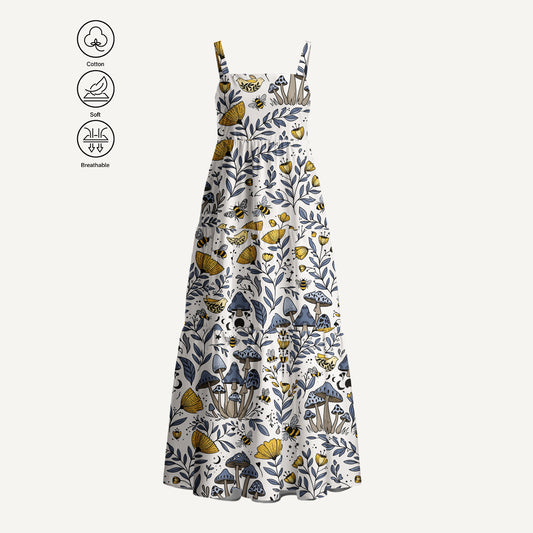 Bee Whisper Forest Print Cotton Wide Straps Maxi Dress With Pockets