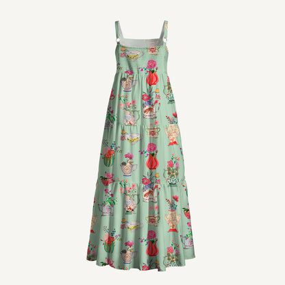 Colorful Flower Vase Print Wide Straps Maxi Dress With Pockets