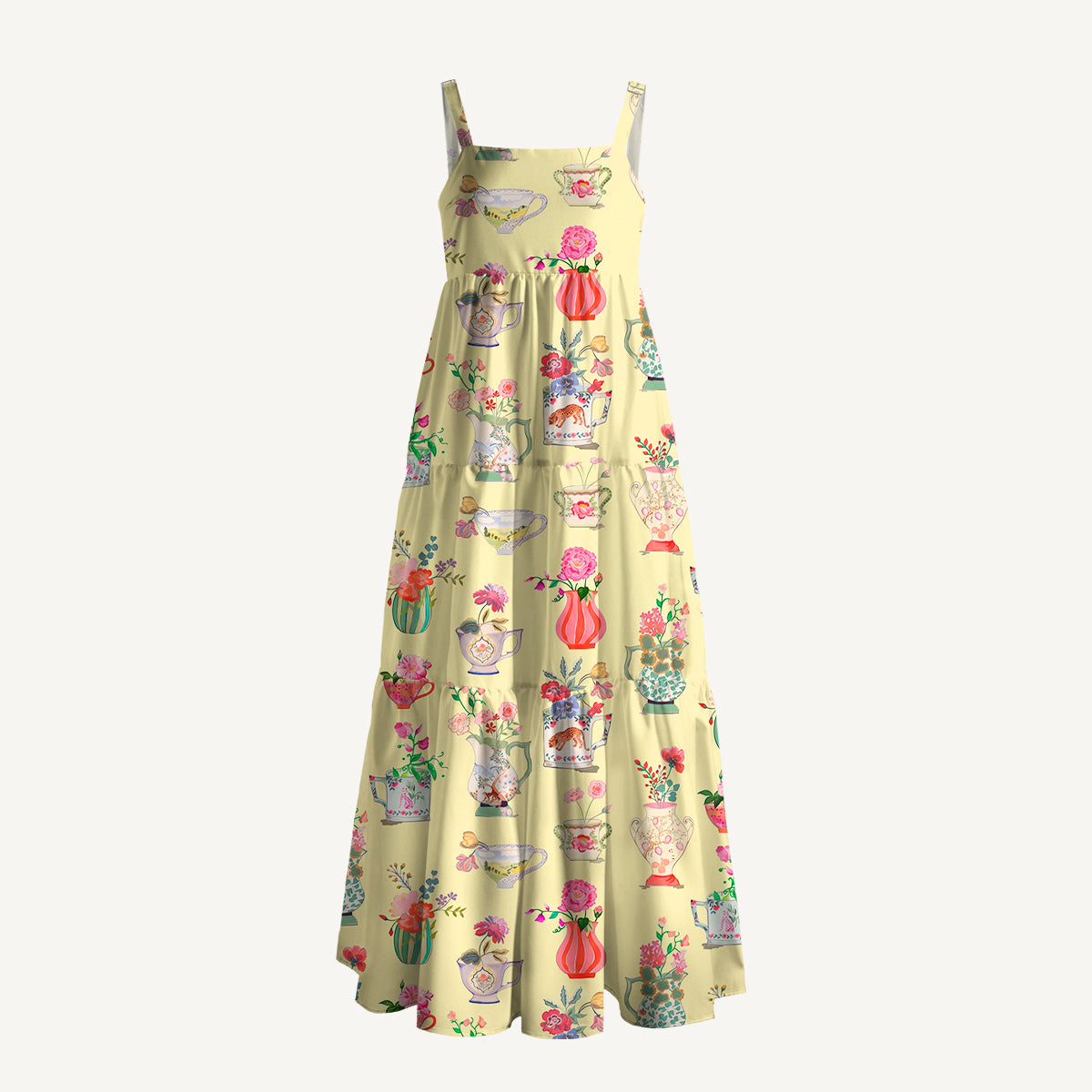 Colorful Flower Vase Print Wide Straps Maxi Dress With Pockets