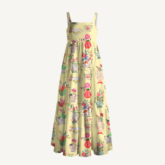 Colorful Flower Vase Print Wide Straps Maxi Dress With Pockets
