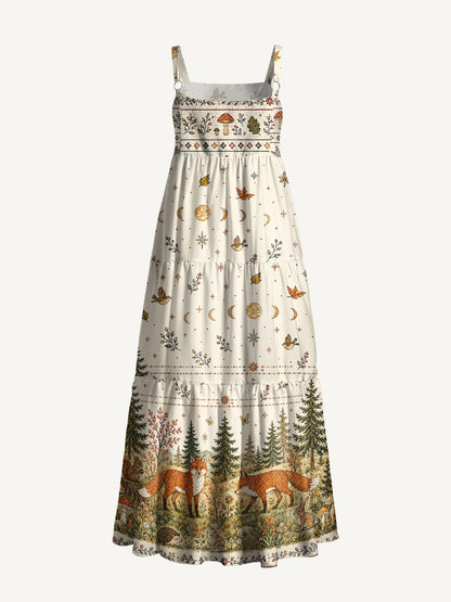 Moonlit Woodland Foxes Print Wide Straps Maxi Dress With Pockets