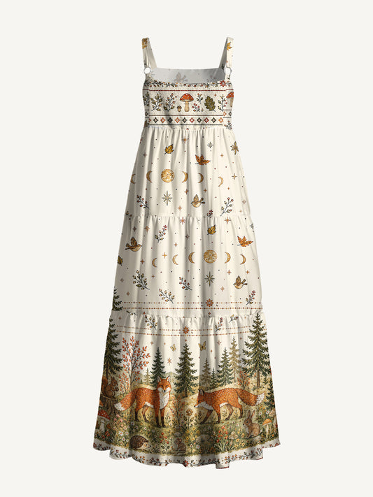 Moonlit Woodland Foxes Print Wide Straps Maxi Dress With Pockets