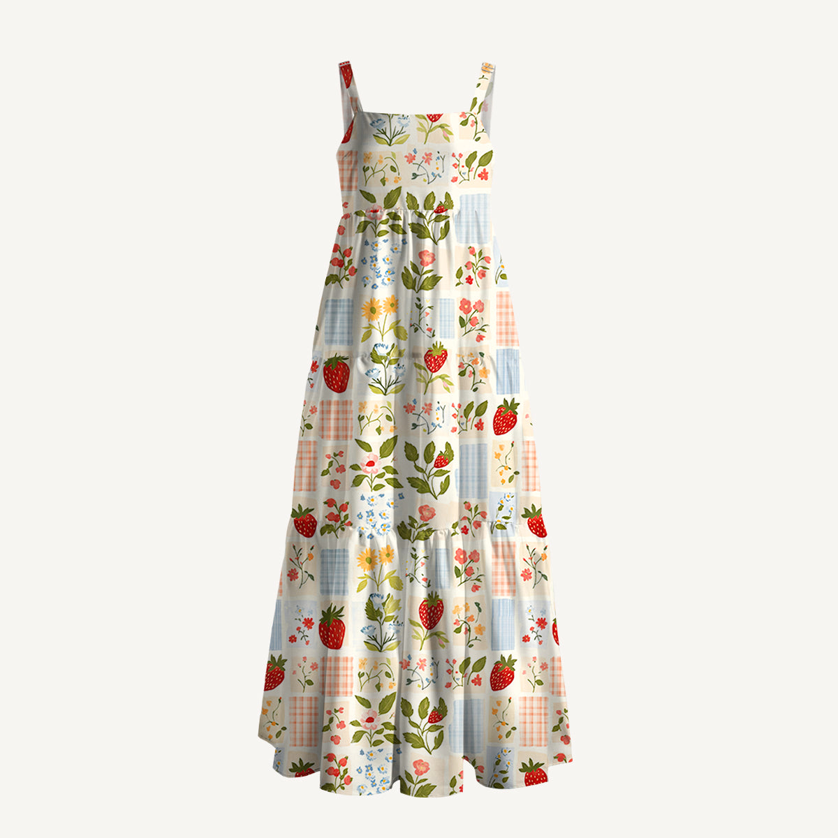 Strawberry Garden Patchwork Print Wide Straps Maxi Dress With Pockets