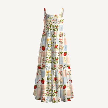 Strawberry Garden Patchwork Print Wide Straps Maxi Dress With Pockets