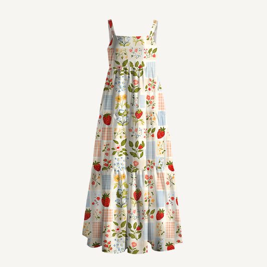 Strawberry Garden Patchwork Print Wide Straps Maxi Dress With Pockets