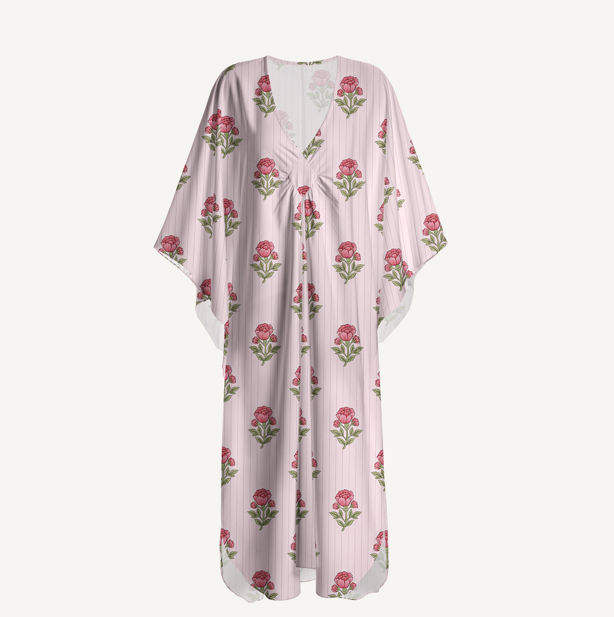V‑Neck Misty Rose Garden Kimono Sleeve Kaftan Dress