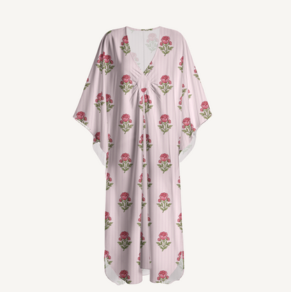 V‑Neck Misty Rose Garden Kimono Sleeve Kaftan Dress