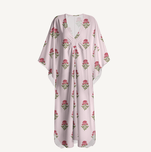 V‑Neck Misty Rose Garden Kimono Sleeve Kaftan Dress