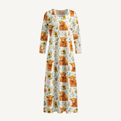 Spring Highland Cow Floral Print Soft-Touch Stretch Knit Long Sleeve Maxi Dress with Pockets