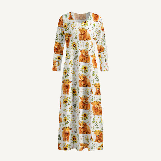 Spring Highland Cow Floral Print Soft-Touch Stretch Knit Long Sleeve Maxi Dress with Pockets