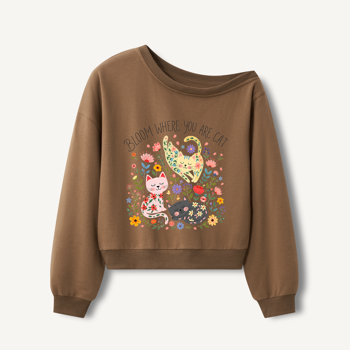 Floral Feline Bloom Print Off Shoulder Sweatshirts