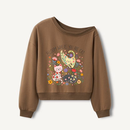 Floral Feline Bloom Print Off Shoulder Sweatshirts