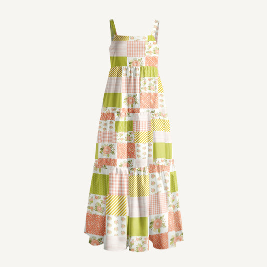 Blush Coral Floral Patchwork Print Wide Straps Maxi Dress With Pockets