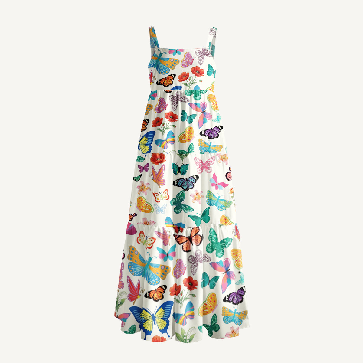 Rainbow Butterfly Garden Print Wide Straps Maxi Dress With Pockets