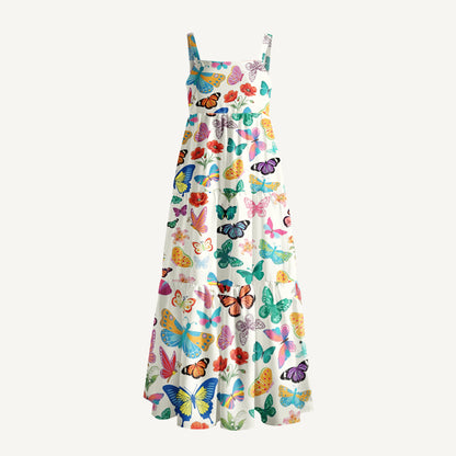 Rainbow Butterfly Garden Print Wide Straps Maxi Dress With Pockets