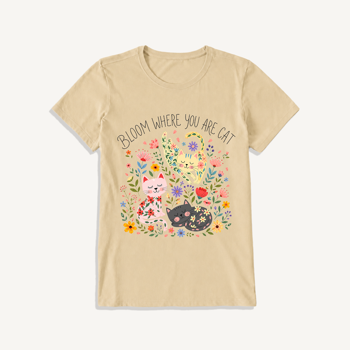 Floral Feline Bloom Print Crew Neck Cotton Tee