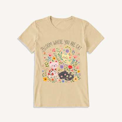 Floral Feline Bloom Print Crew Neck Cotton Tee