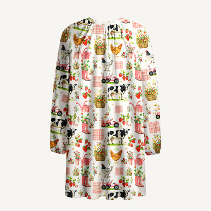 Watercolor Pink Farm Chicken Print Boho Long Sleeve Tie‑Neck Smock Mini Dress