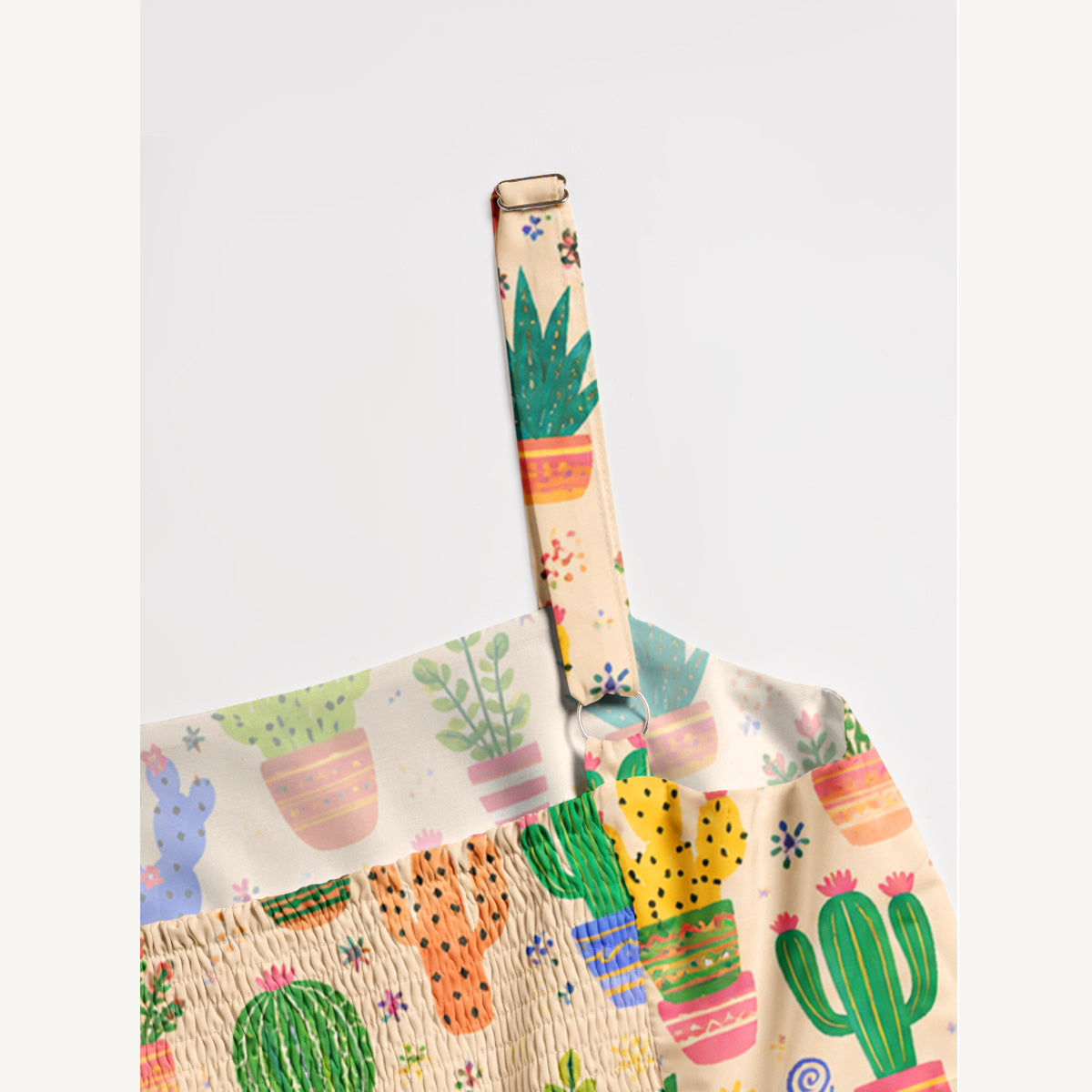 Colorful Cactus Garden In Pots Print Wide Straps Maxi Dress With Pockets
