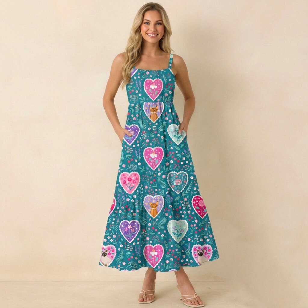Woodland Hearts Cat Print Wide Straps Maxi Dress With Pockets