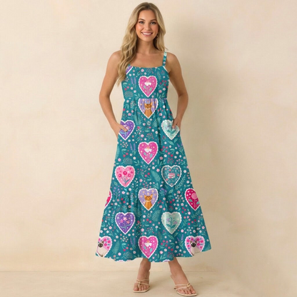 Woodland Hearts Cat Print Wide Straps Maxi Dress With Pockets
