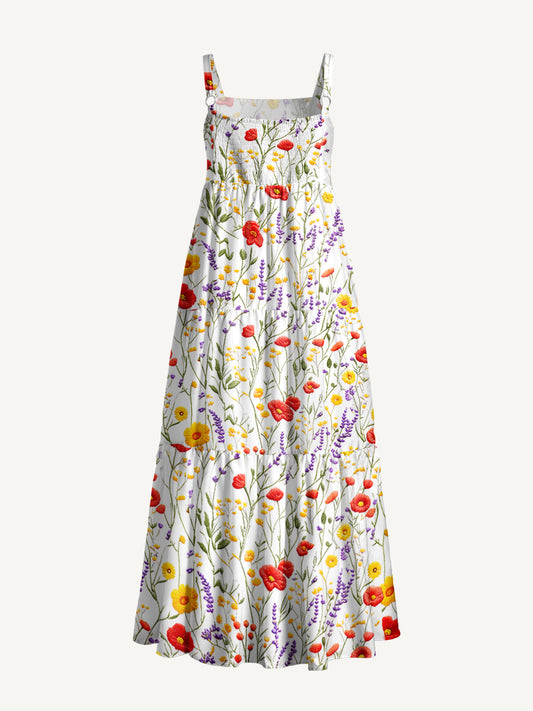 Floral Meadow Sunshine Print Wide Straps Maxi Dress With Pockets