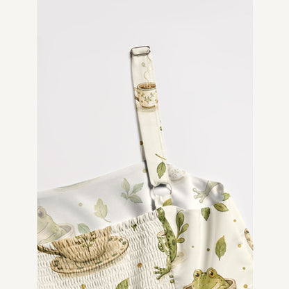 Whimsical Frogs and Teacups Print Wide Straps Maxi Dress With Pockets