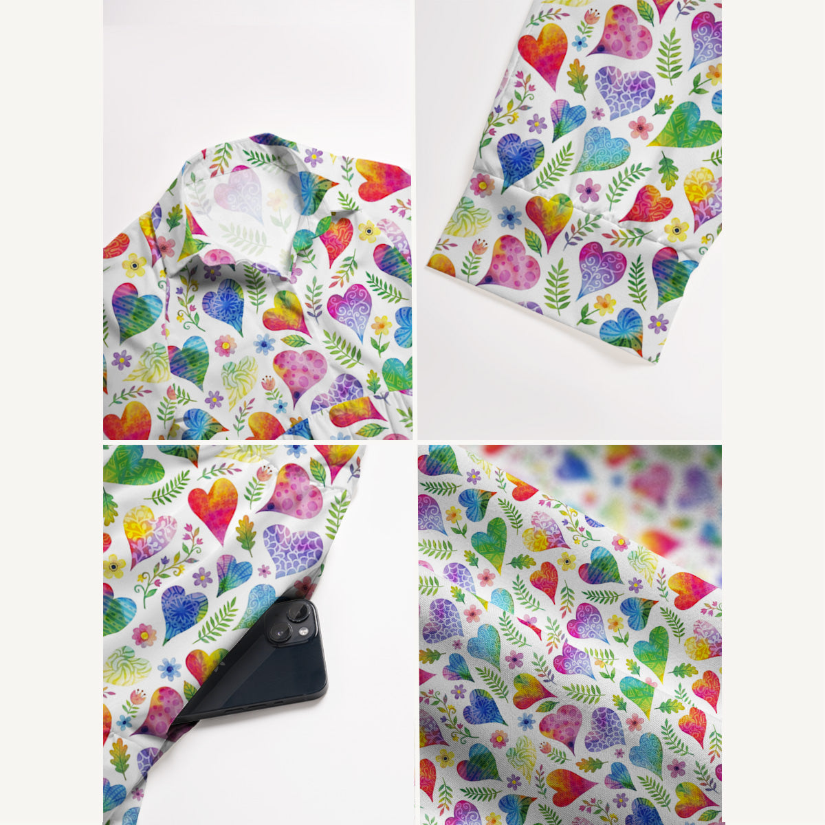 V Neck Collared Colorful Doodle Love Pattern Print Casual Midi Dress With Pockets