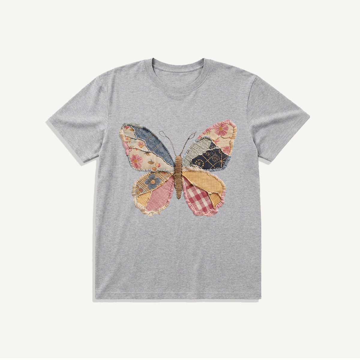 Quilt Patch Butterfly Print Crew Neck Cotton Tee