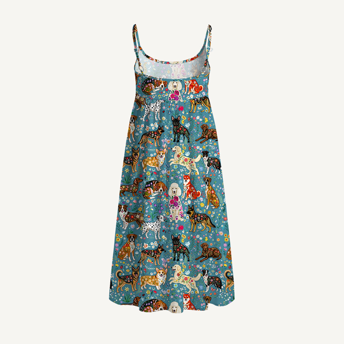 Cute Flower Dog Print Spaghetti Strap Mini Dress