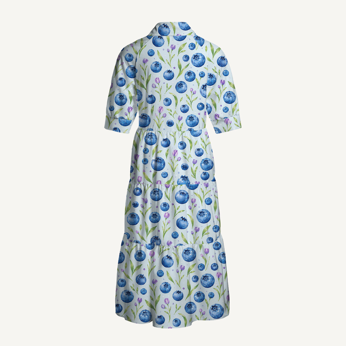 V Neck Collared Blueberry Blossom Pattern Print Casual Midi Dress With Pockets