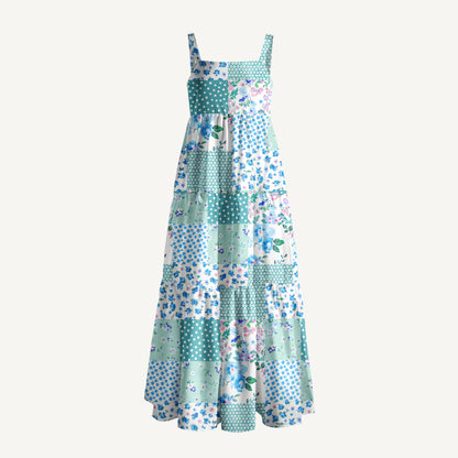 Retro Patchwork Polka Dot & Floral Print Wide Straps Maxi Dress With Pockets