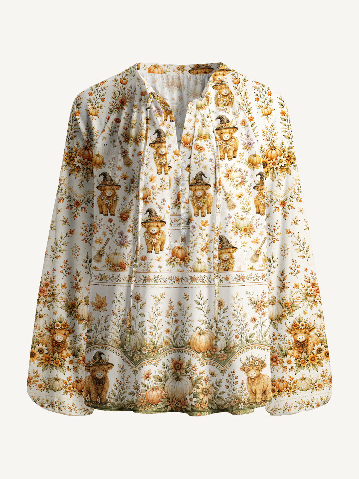 Autumn Pumpkin Patch Highland Cow Print Boho Long Sleeve Tie‑Neck Blouse