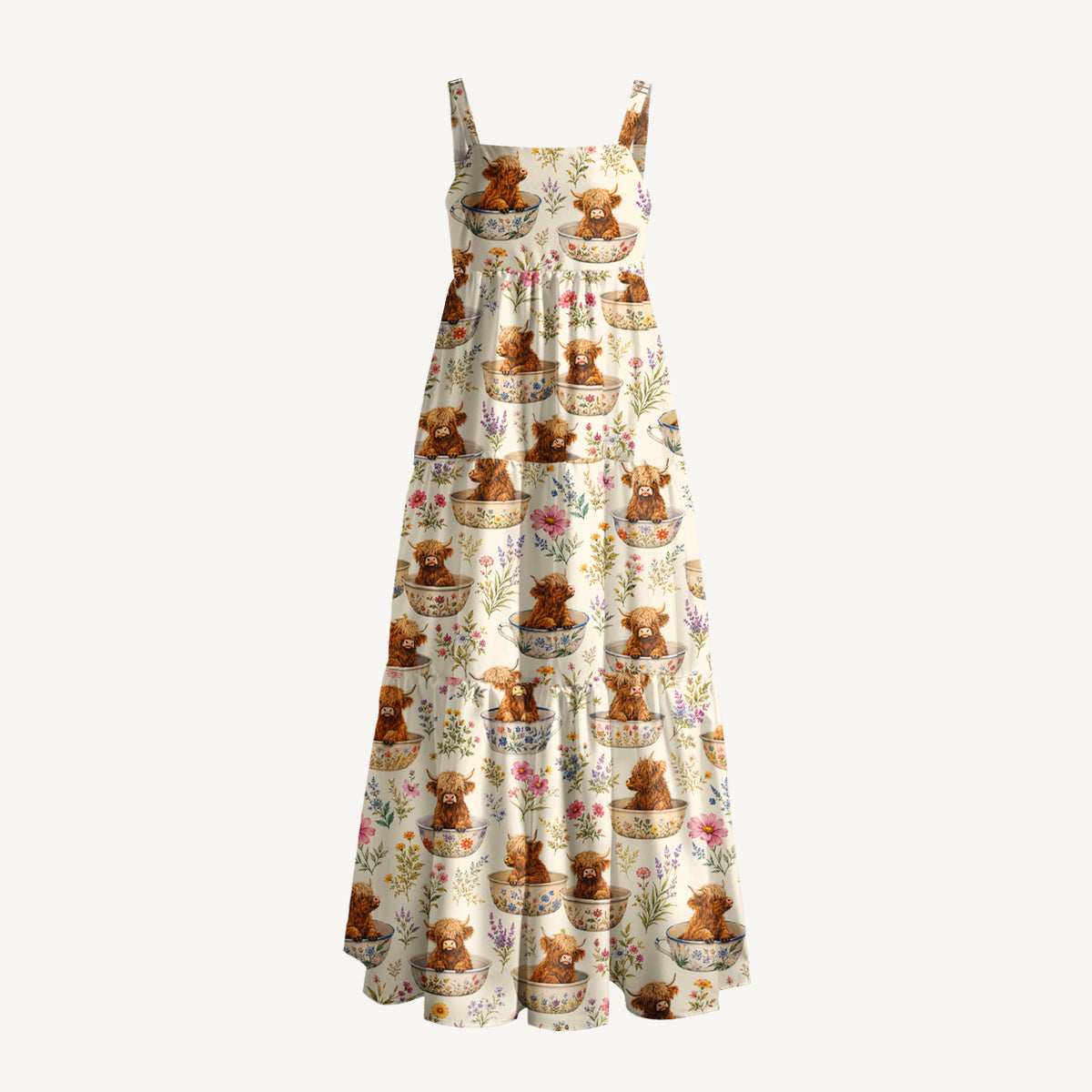 Highland Cow Teacup Floral Print Wide Straps Maxi Dress With Pockets