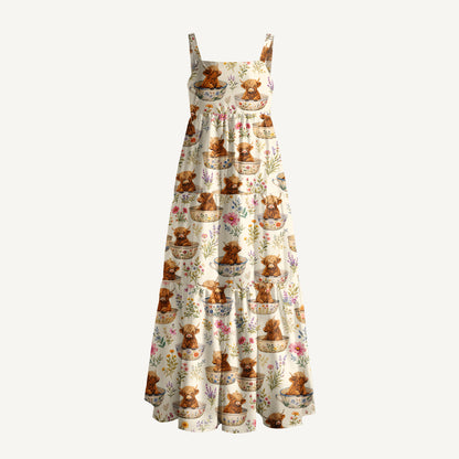 Highland Cow Teacup Floral Print Wide Straps Maxi Dress With Pockets