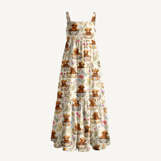 Highland Cow Teacup Floral Print Wide Straps Maxi Dress With Pockets