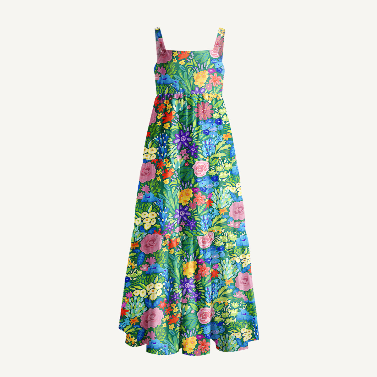Floral Rainbows Print Wide Straps Maxi Dress With Pockets