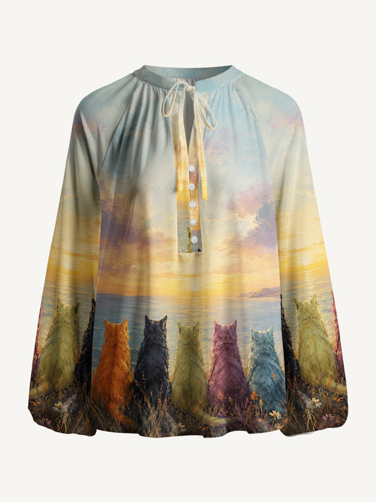 Sunset Cat Garden Art  Print Boho Long Sleeve Tie‑Neck Blouse